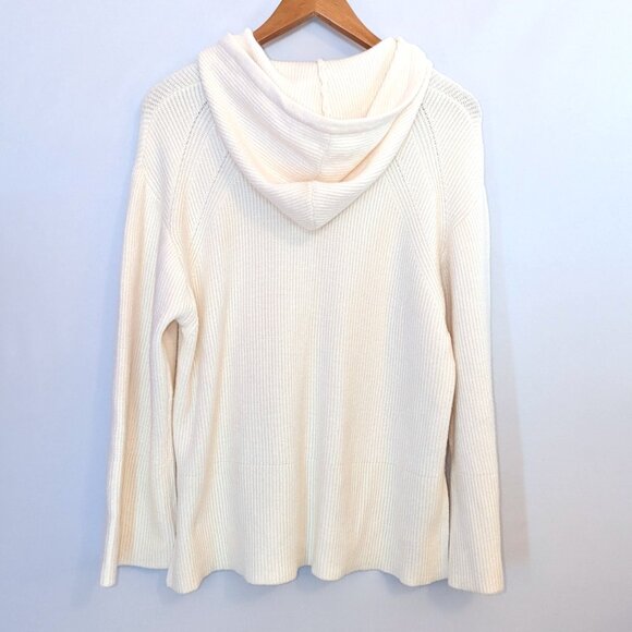 CALIA | Cashmere Blend Ribbed Knit Hooded Sweater Pullover in Cream | Small - Picture 9 of 14
